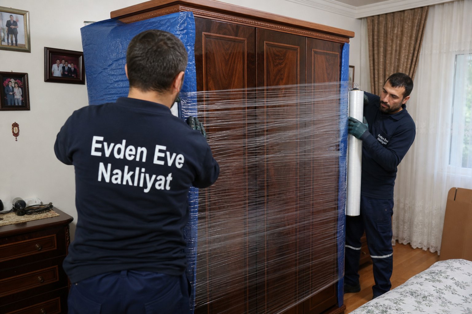 Ahsap gardirobu ev icinde guvenle tasima