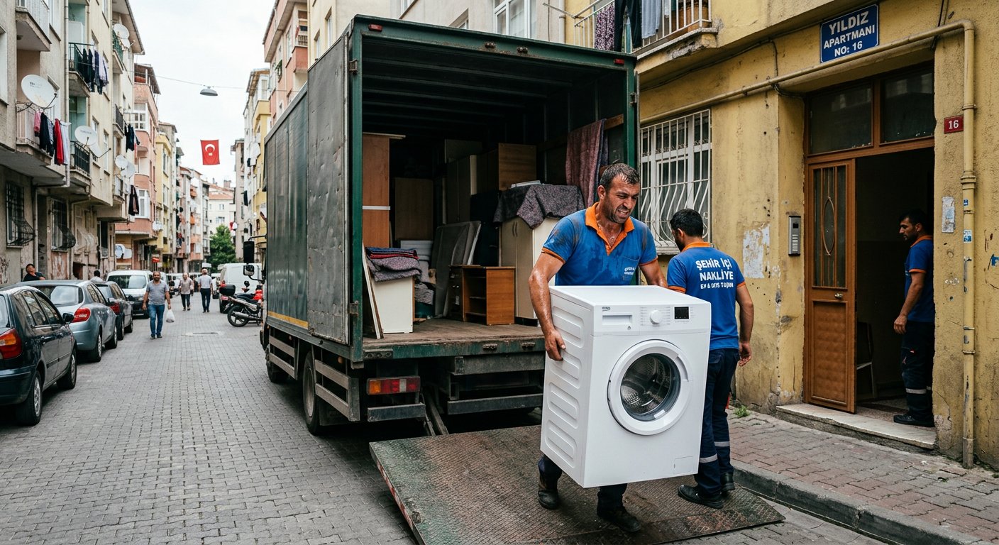 Camasir makinesini el arabasiyla sevk etme
