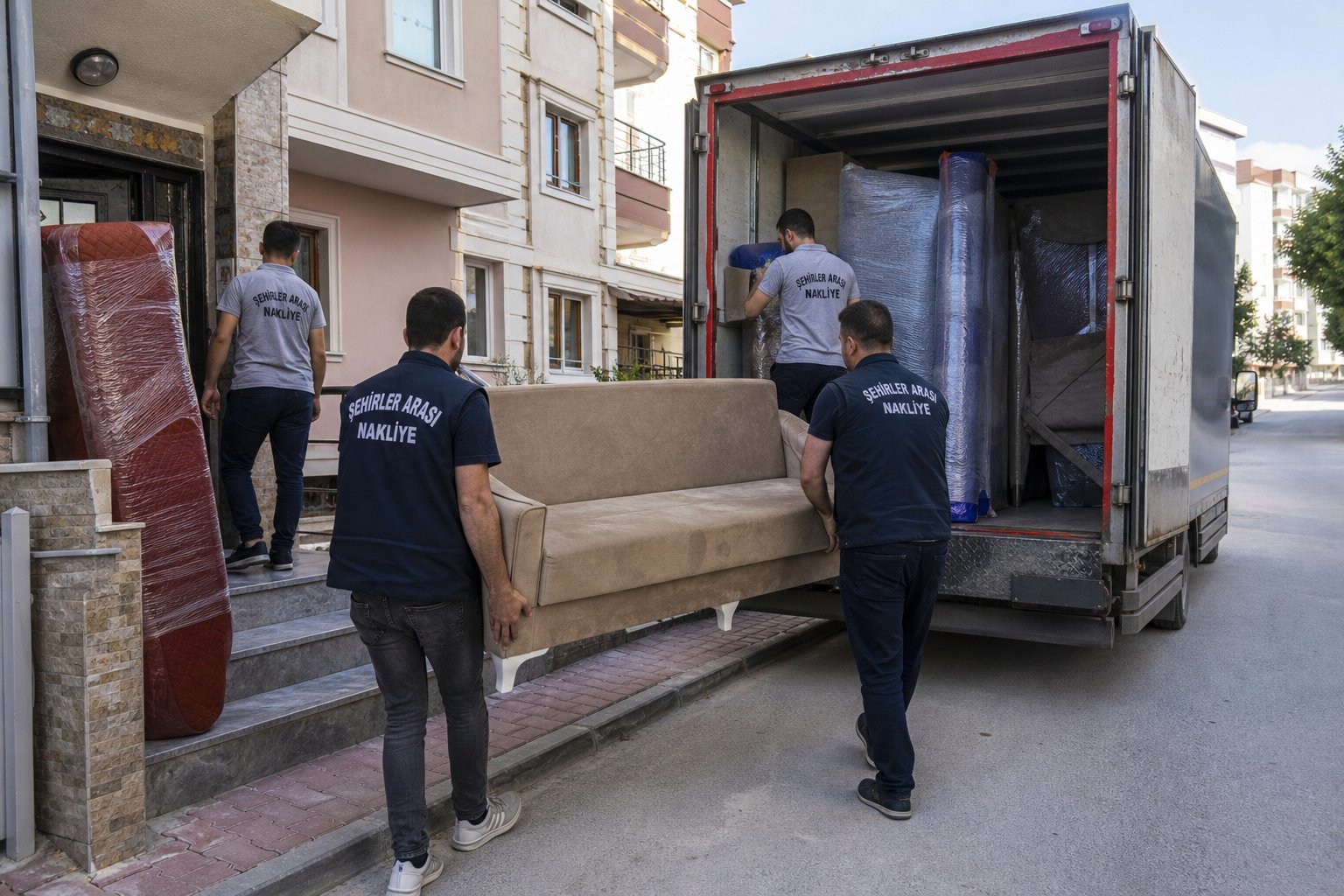 Gardirobun iki kisilik ekiple kamyonete tasinmasi