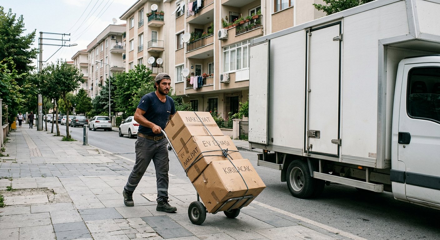 Koli yuklu el arabasini kamyona goturme