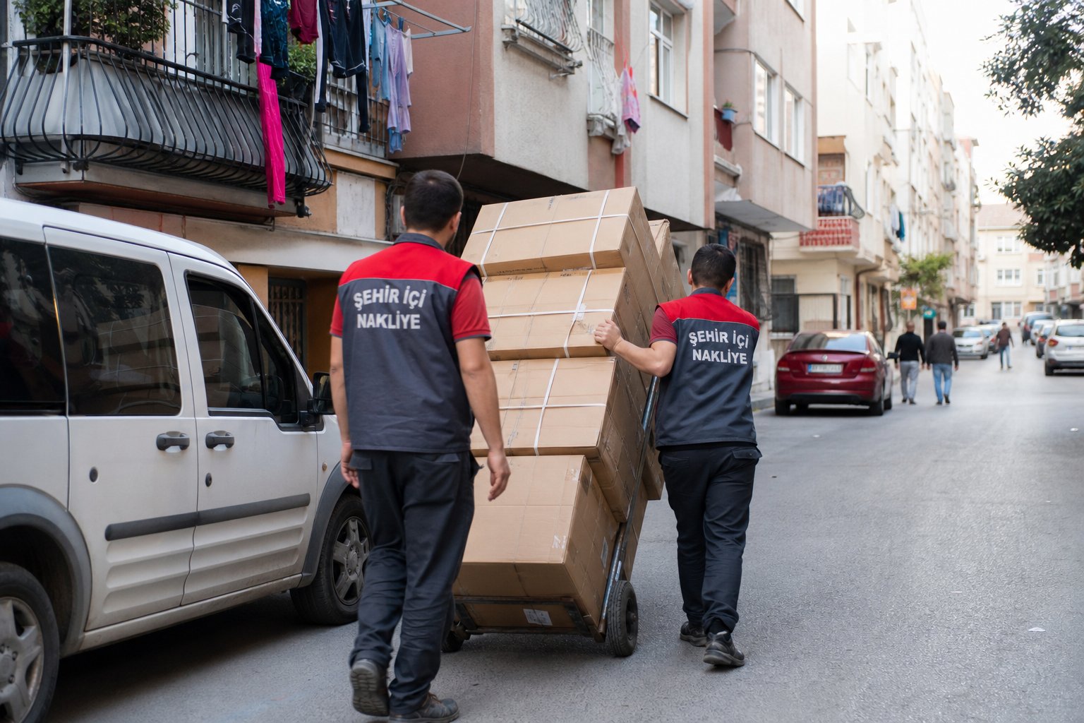 Kolilerin sokaktan araca ekipce tasinmasi