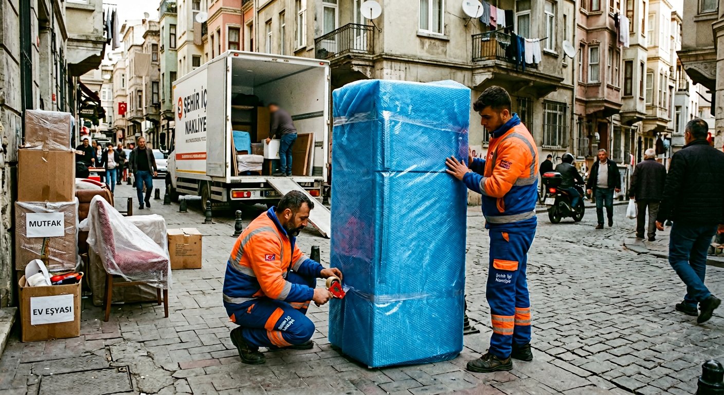 Mavi beyaz esyanin sokakta guvenli tasinmasi