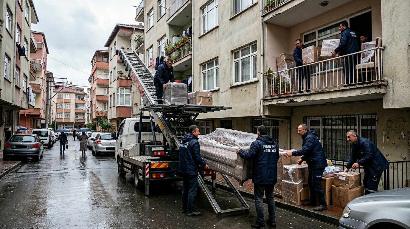 Nakliye araci onunde ekip ve esya organizasyonu