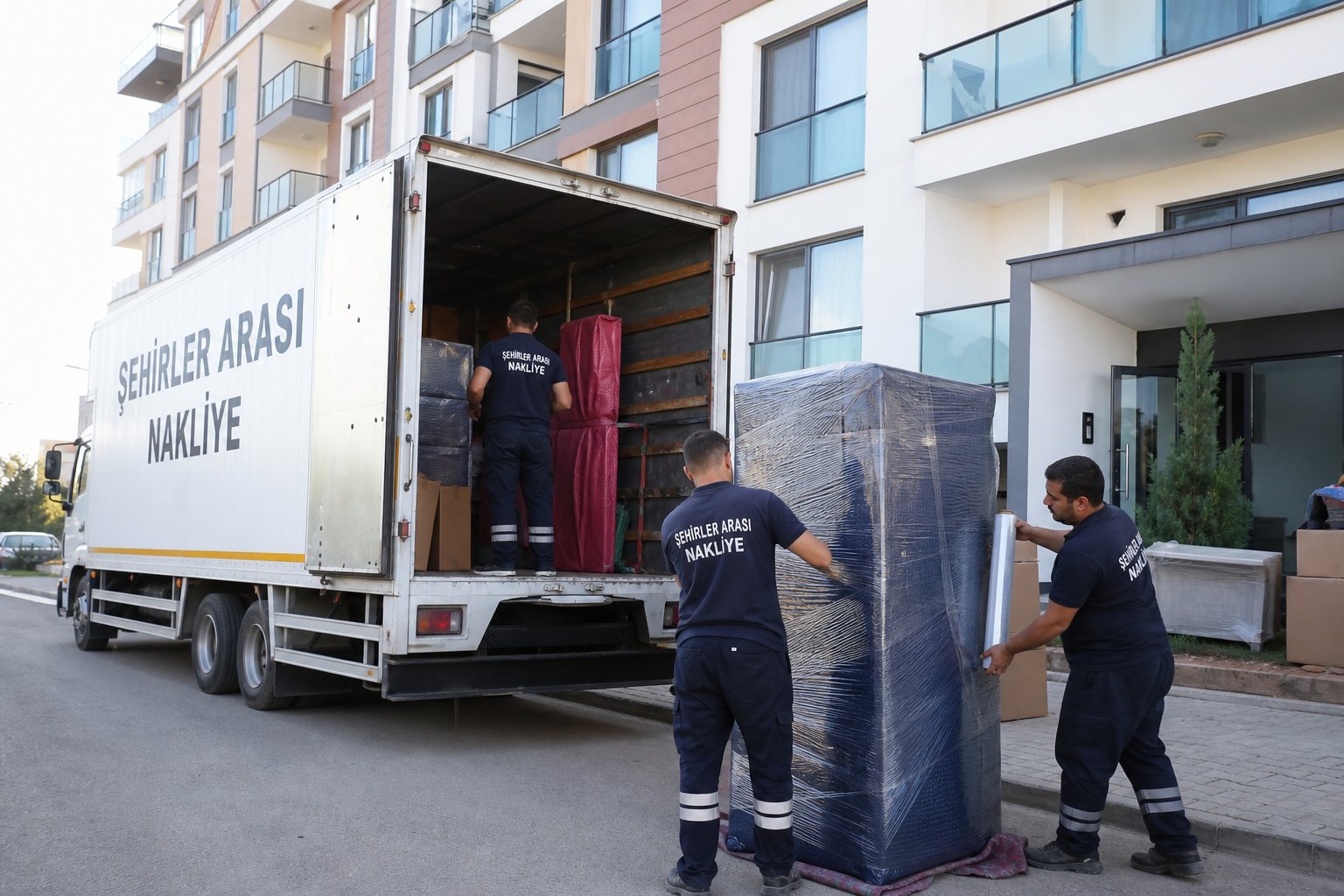 Nakliye araci onunde yukleme sonu ekip kontrolu