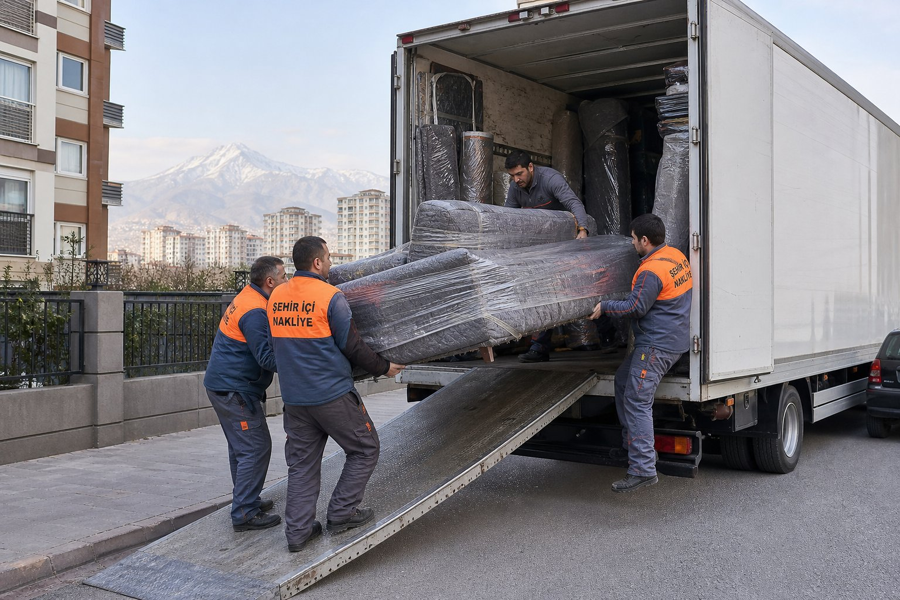 Rampalı kamyonda eşya yükleme operasyonu